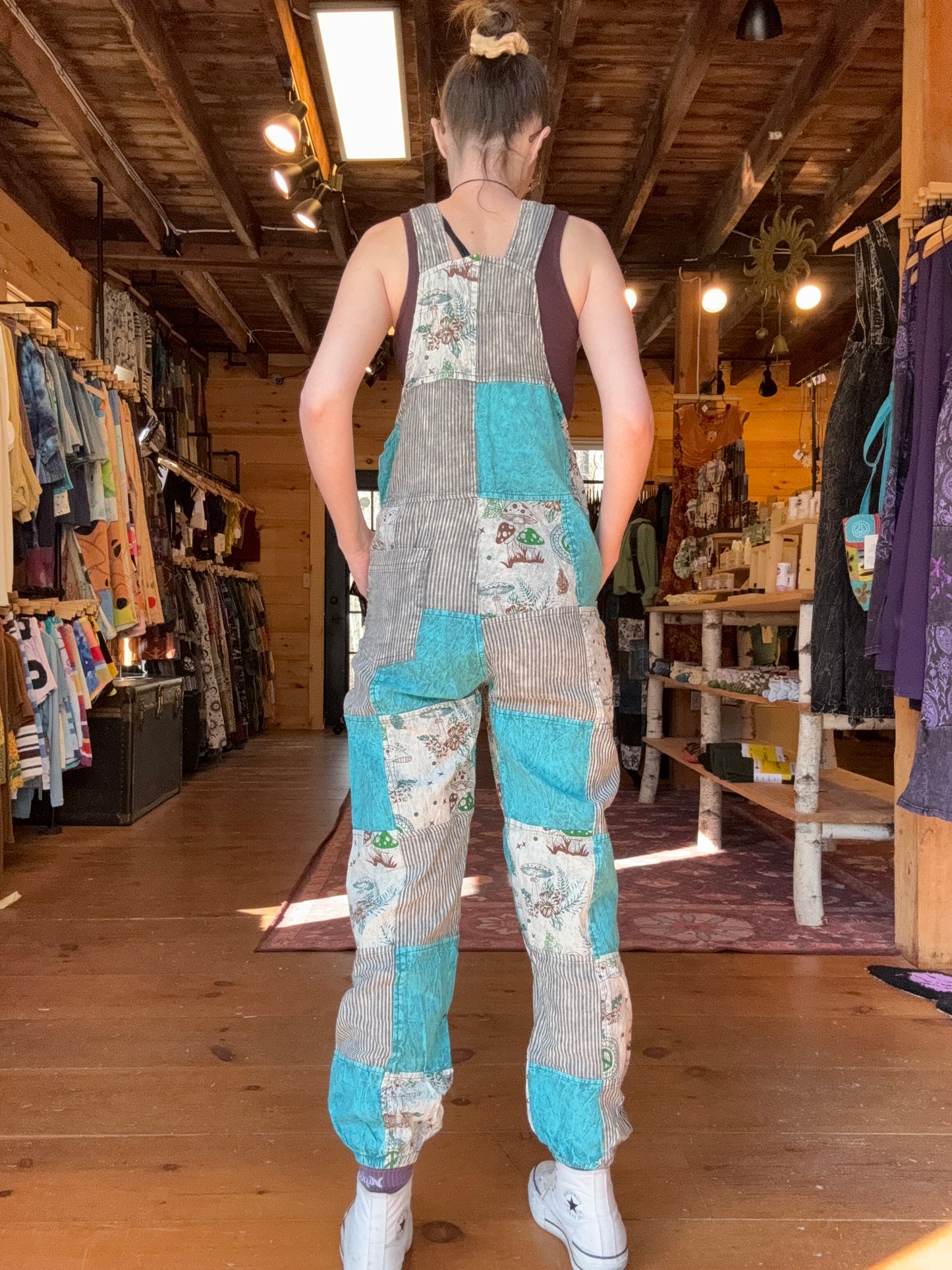 Blue and Stripe Patchwork Overalls w/ Mushrooms