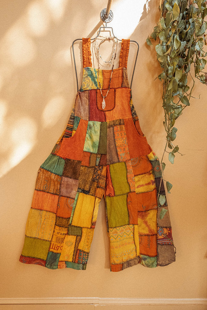Recycled Patchwork Overalls with Elastic Waist