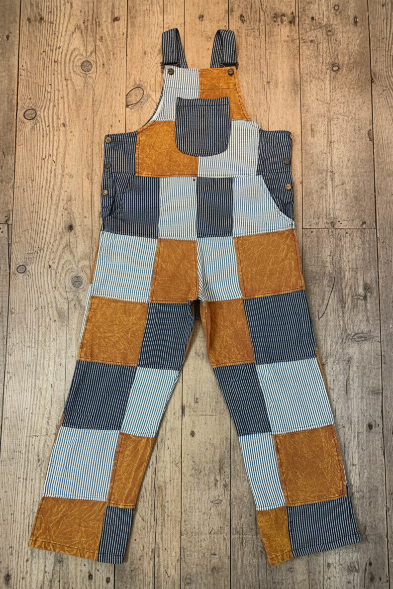 Cotton Patchwork Overalls w/ Stripes in Orange