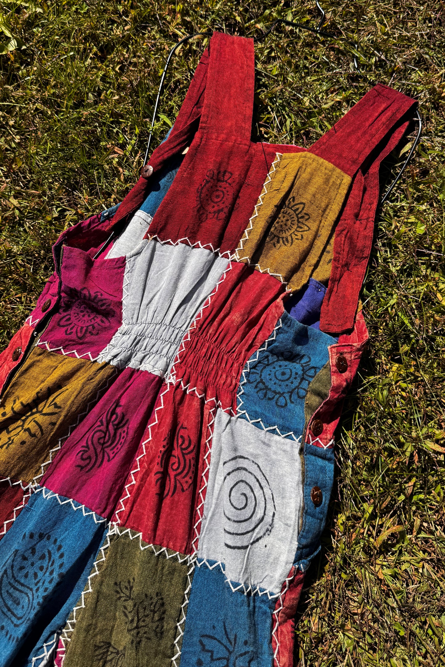 Boho Patchwork Overalls w/ White Stitching