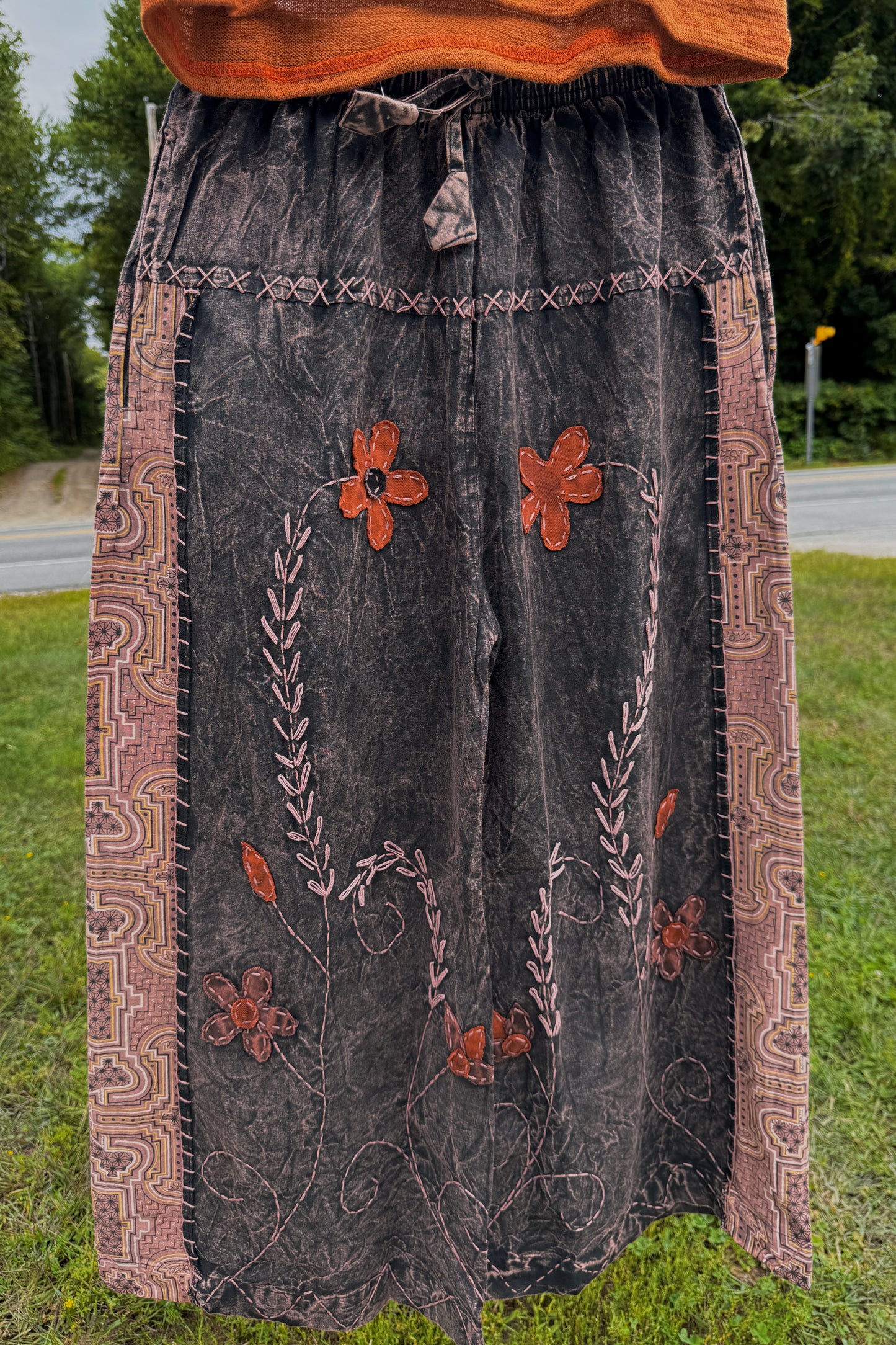 Brown and Orange Floral Embroidered Wide Leg Pants