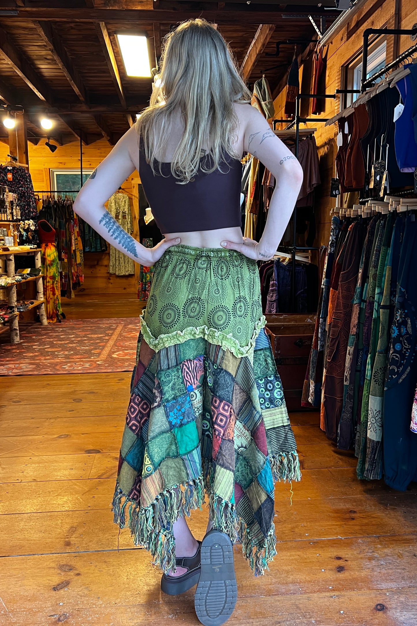 Jagged Hem Patchwork Skirt in Green