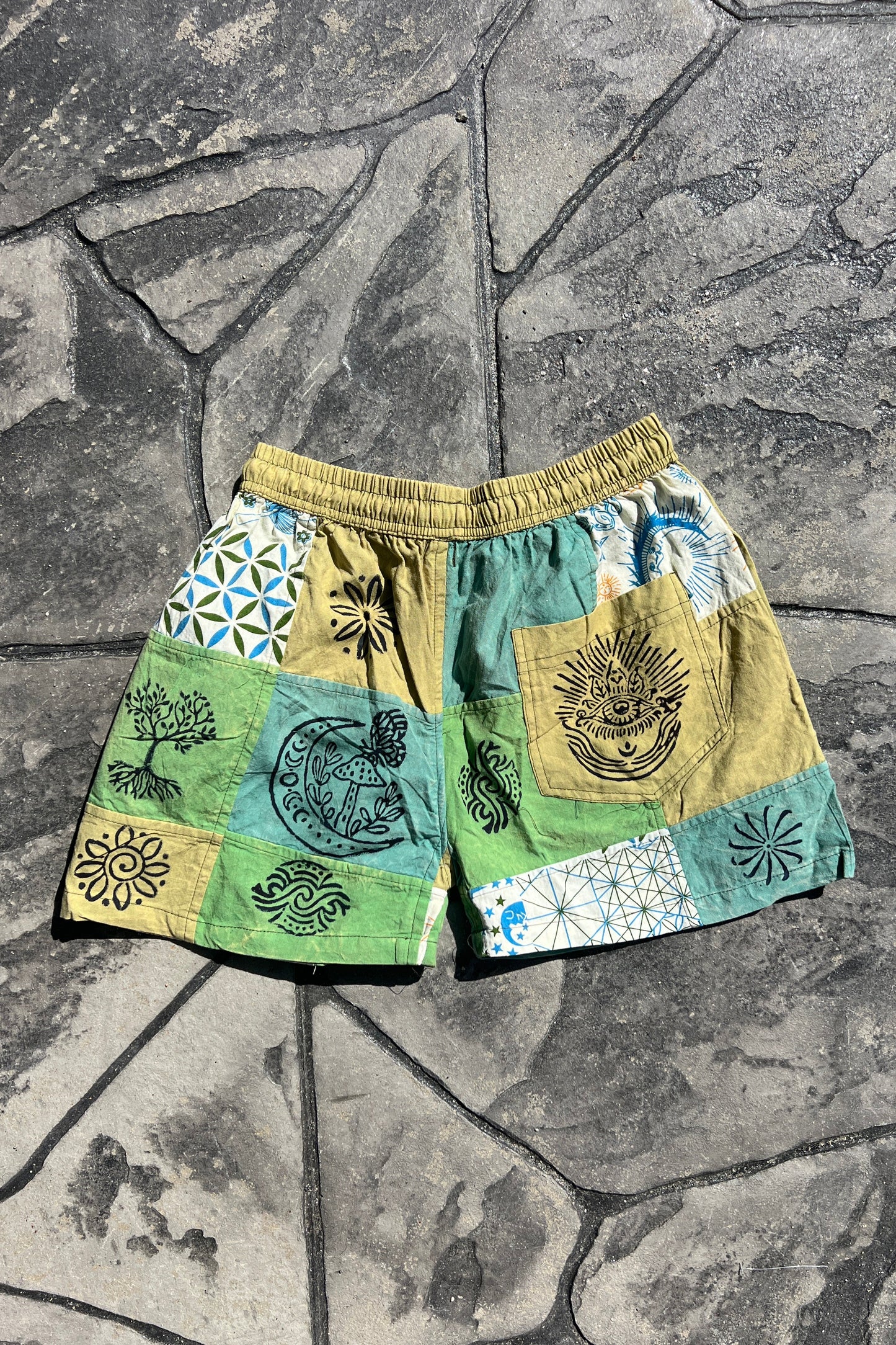 Green Block Print Patch Shorts