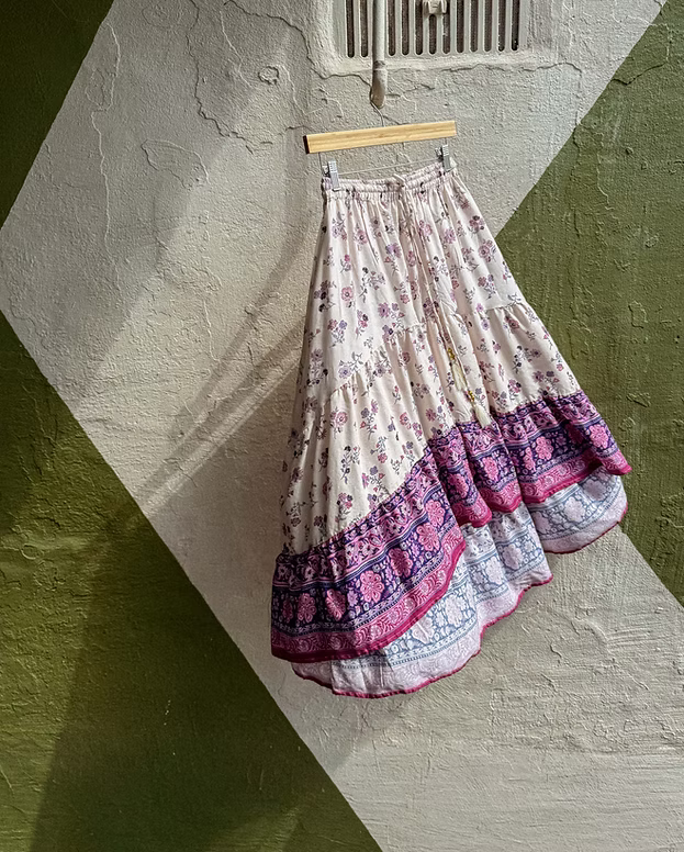 Purple Petal Print High-Low Skirt w/ Waist Tie