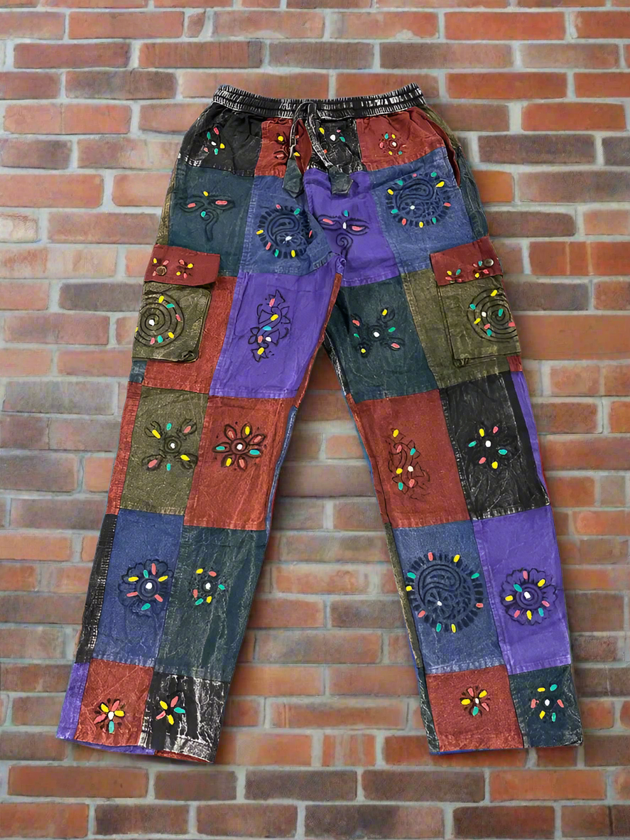 Purple Patchwork Cotton Cargo Pant w Pant Detail