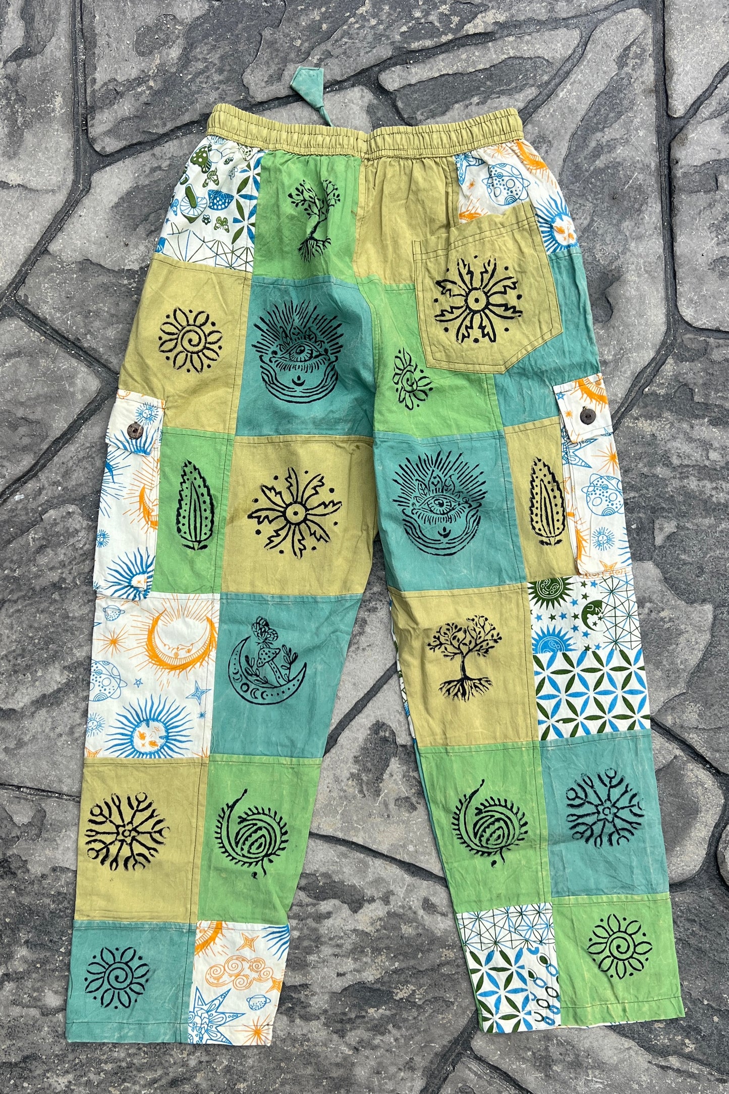 Multi Green Patchwork Block Print Pant