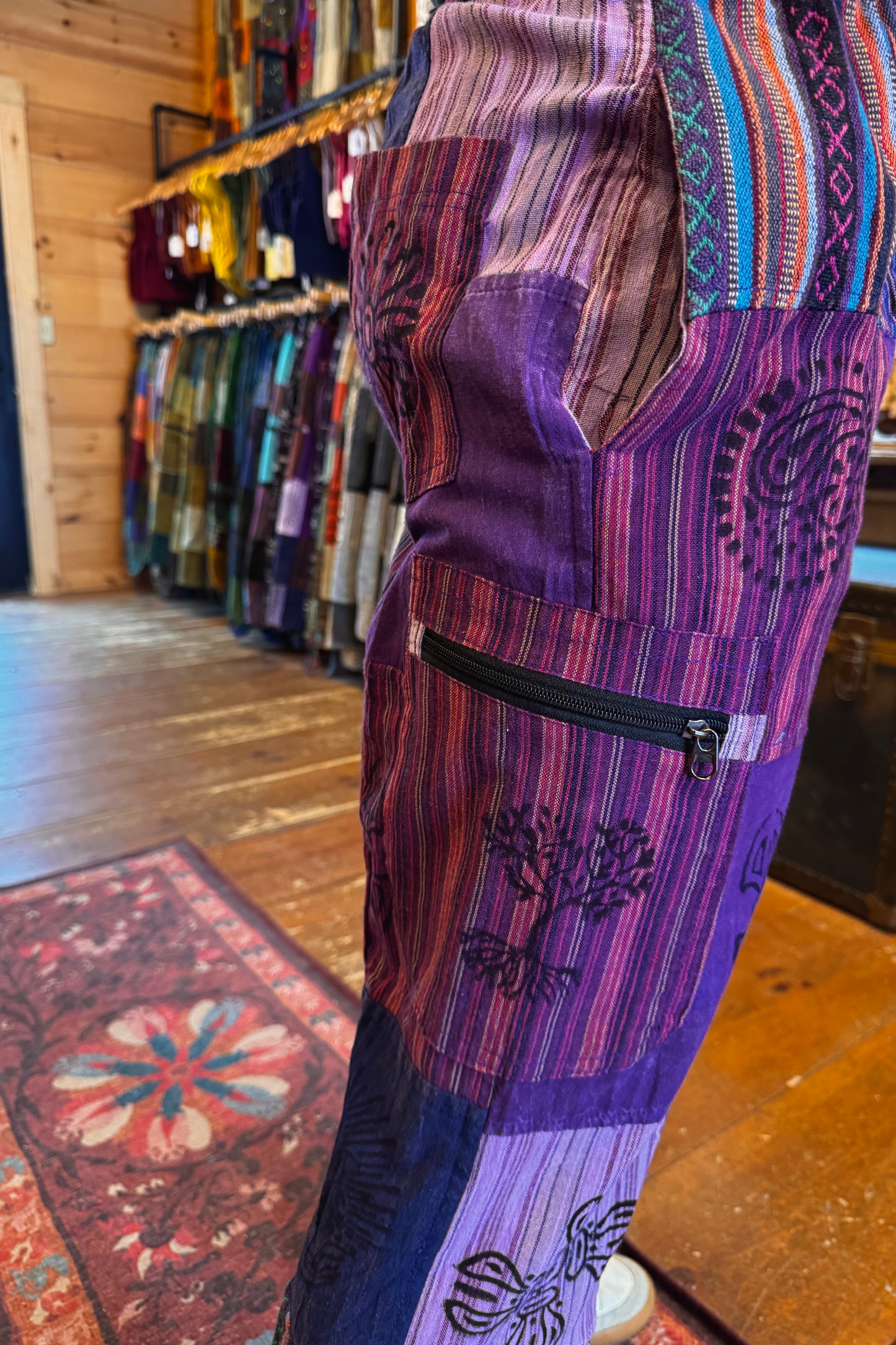 Purple Cargo Trousers w/ Block Print Design