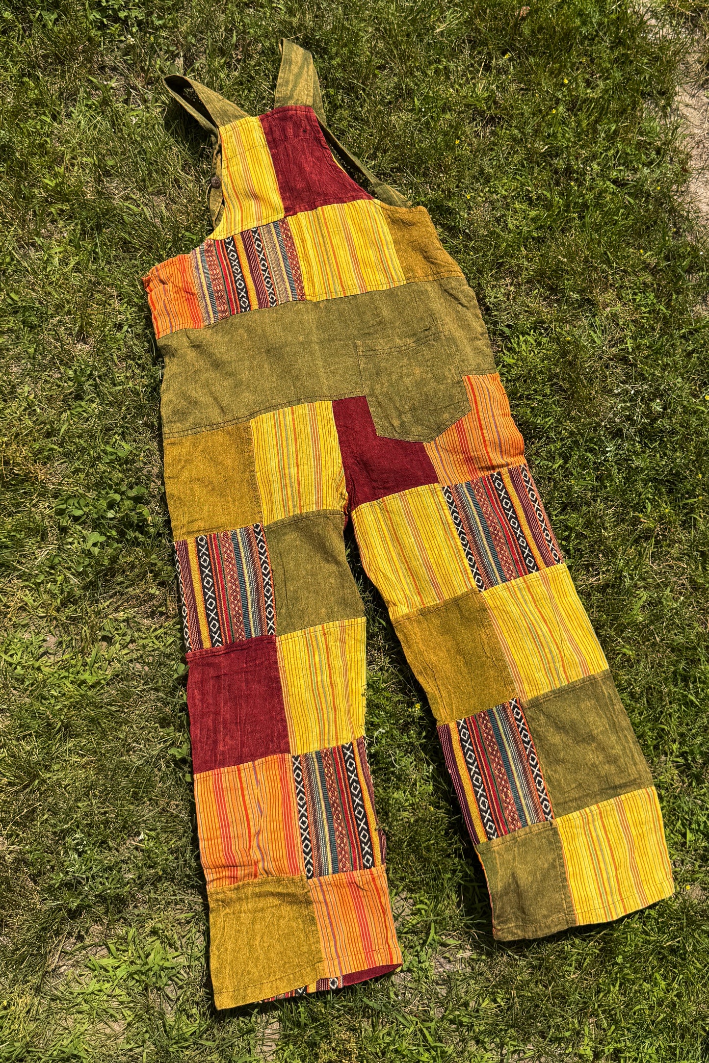 Burgundy and Gold Patchwork Overalls