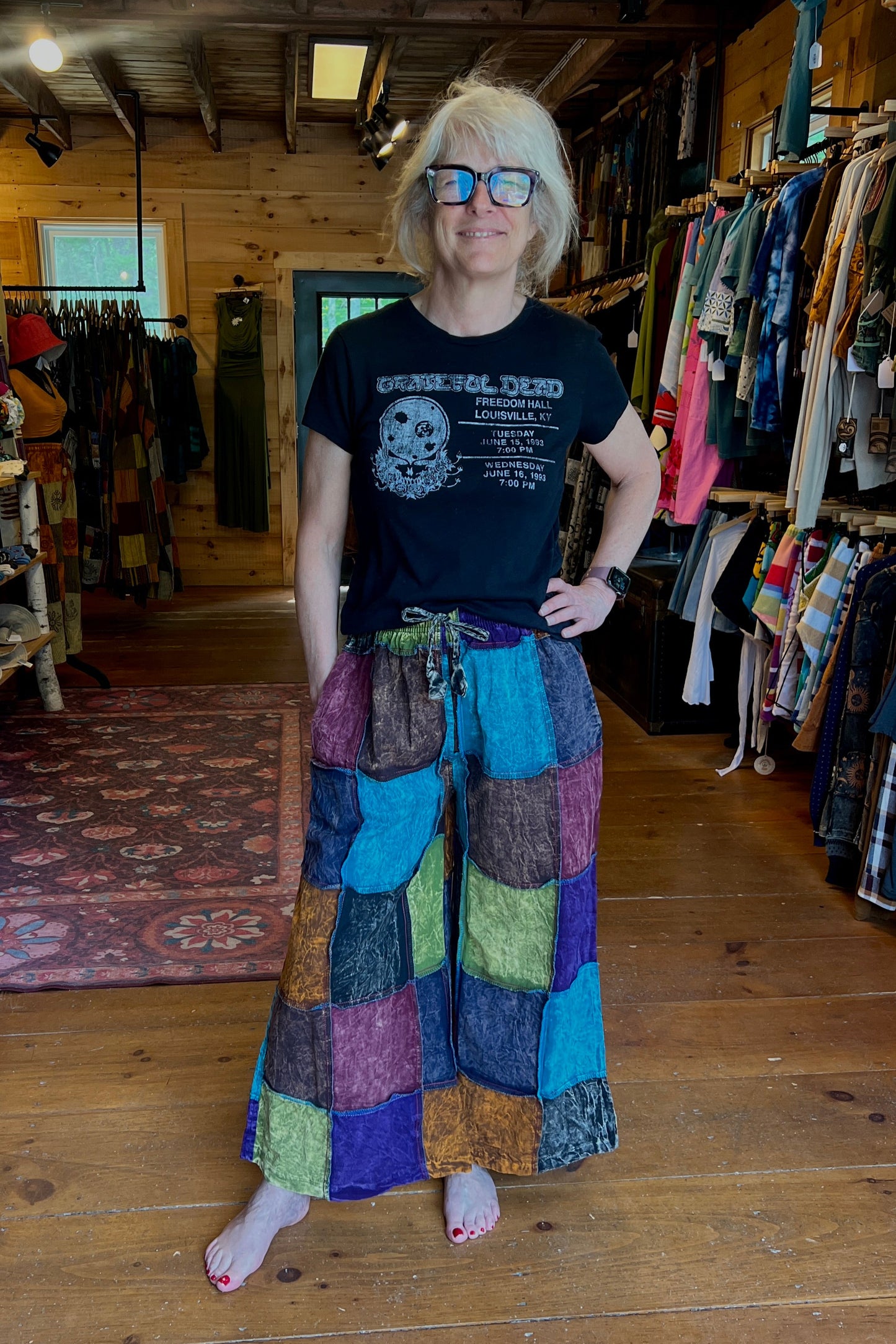 Multi-Color Patchwork Stonewash Wide Leg Pant