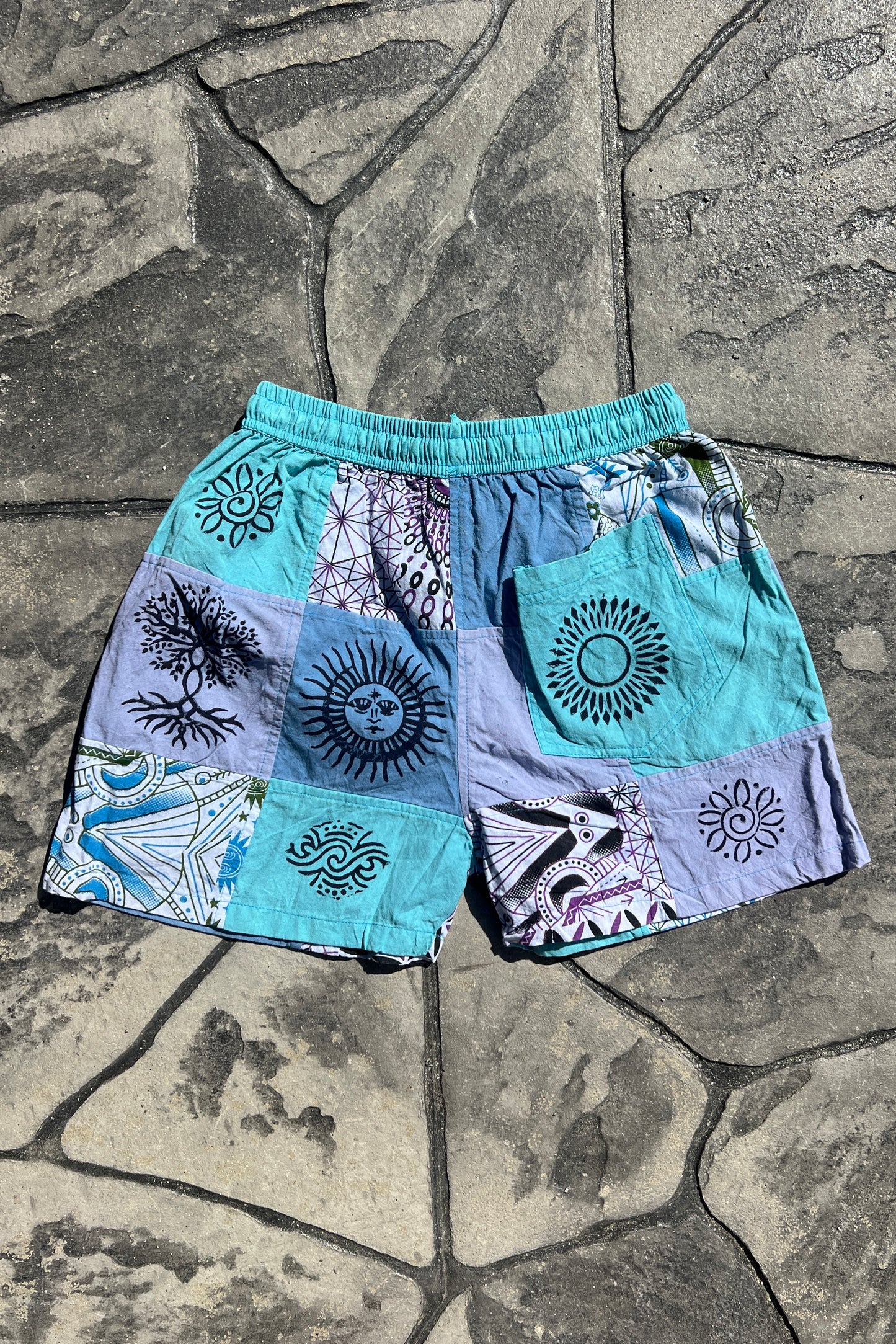 Blue Patchwork Block Print Shorts