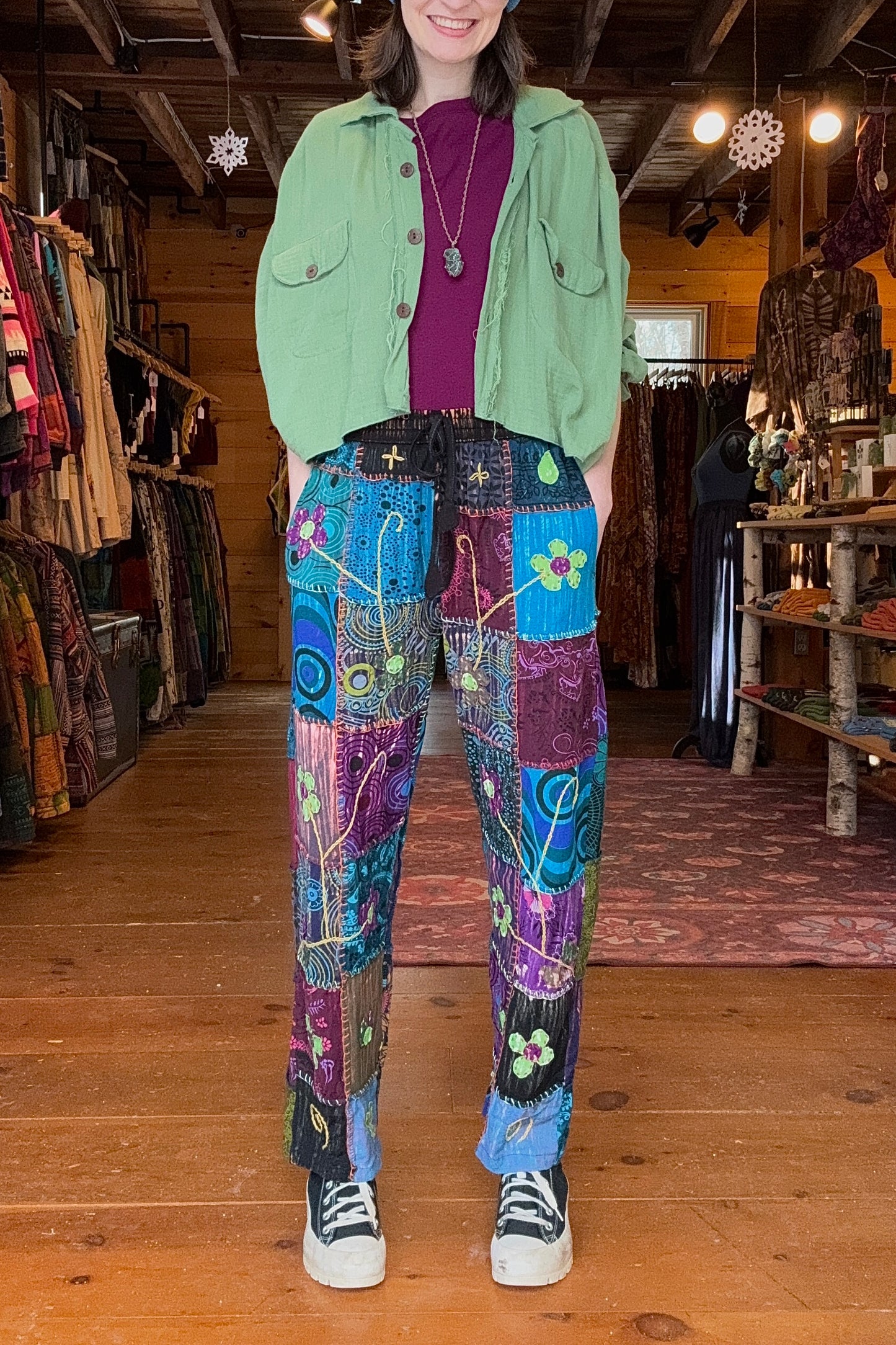 Flower Embroidered Patchwork Trousers