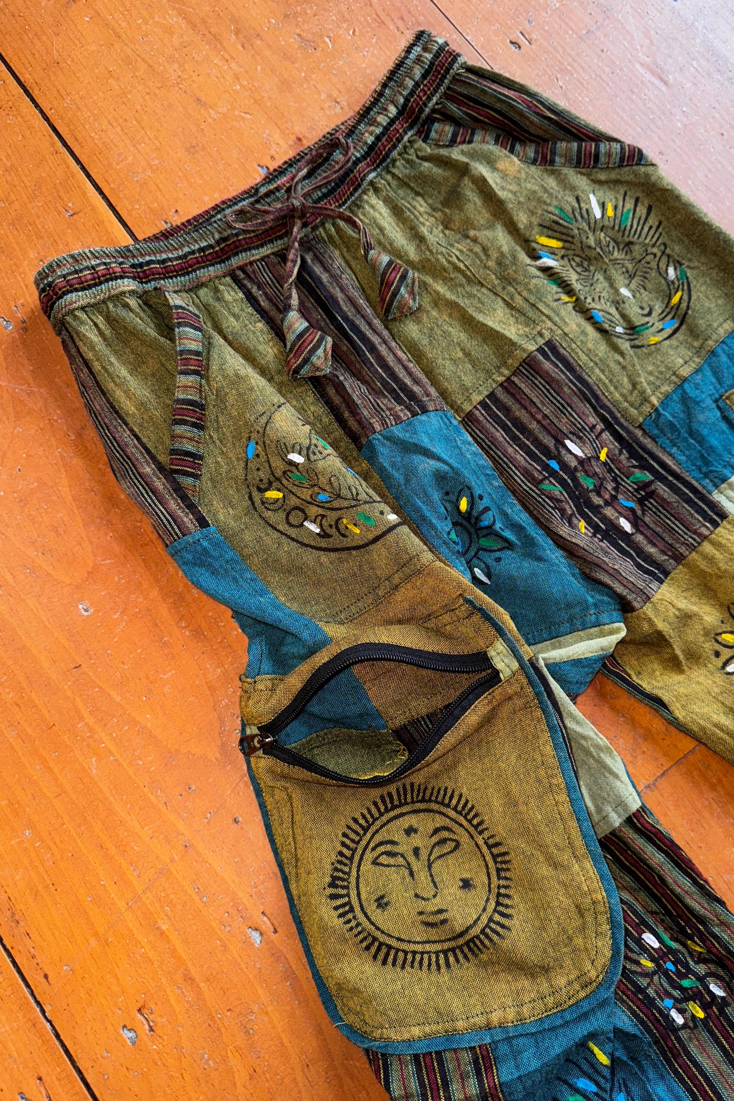 Sage Green & Teal Patchwork Trousers w/ Paint Detail