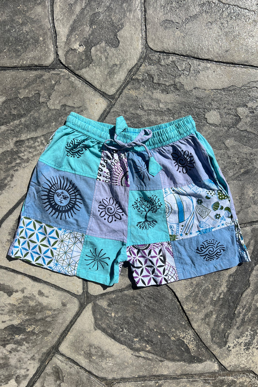 Blue Patchwork Block Print Shorts