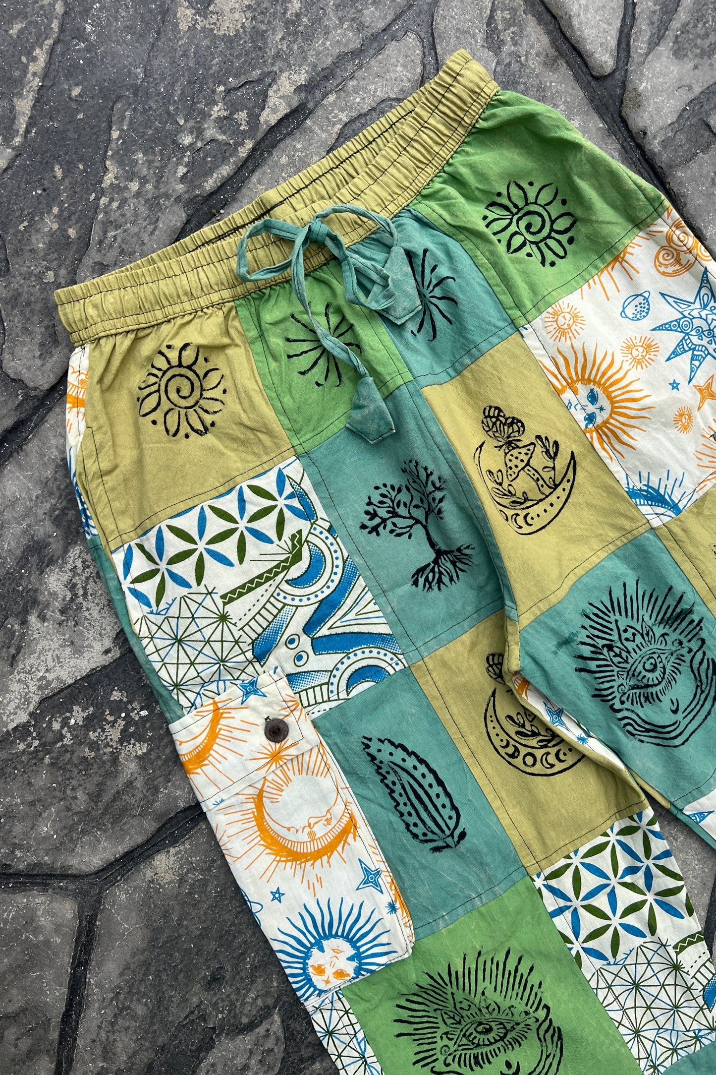 Multi Green Patchwork Block Print Pant