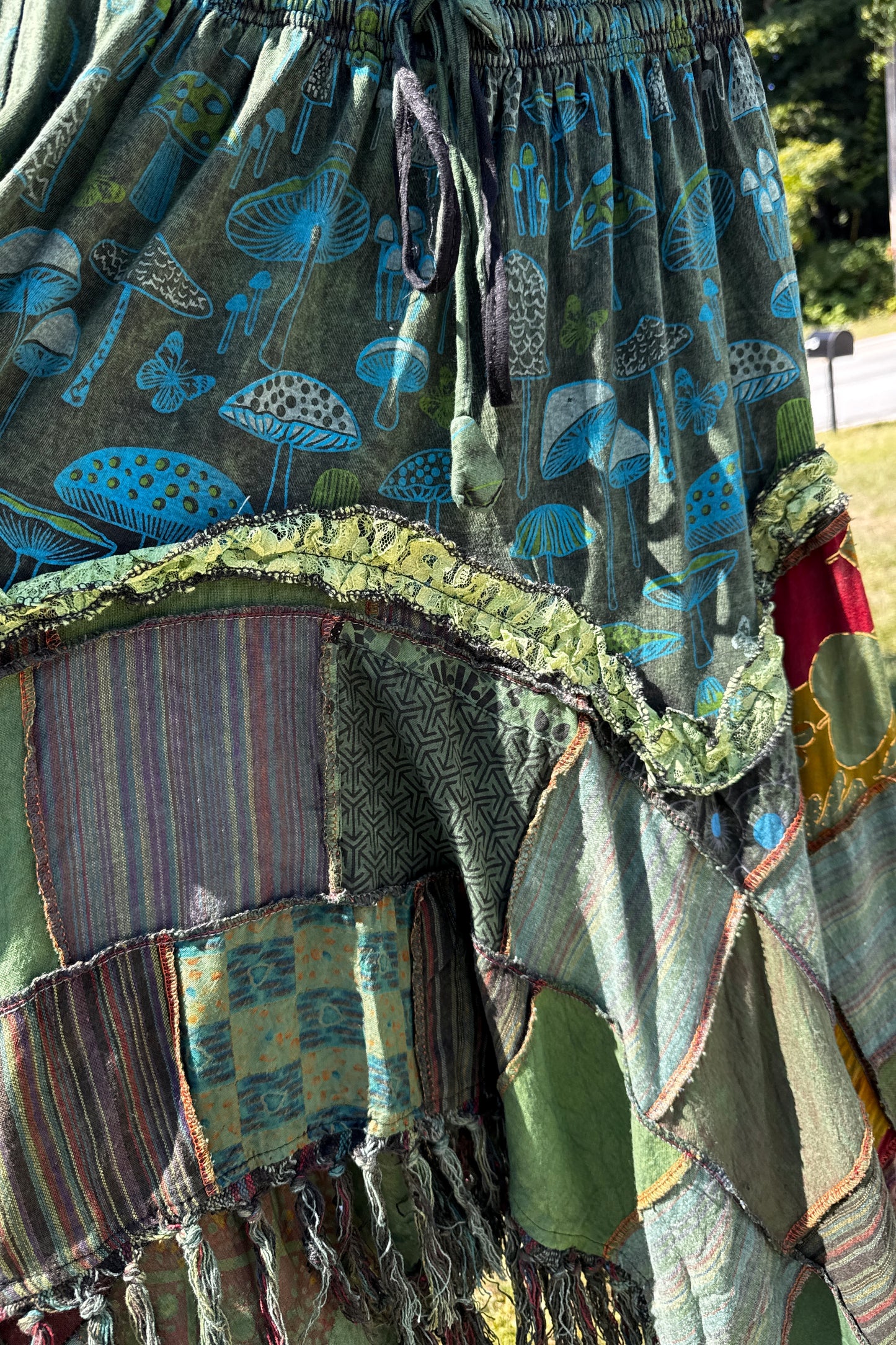 Jagged Edge Patchwork Skirt w/ Mushroom Print in Blue