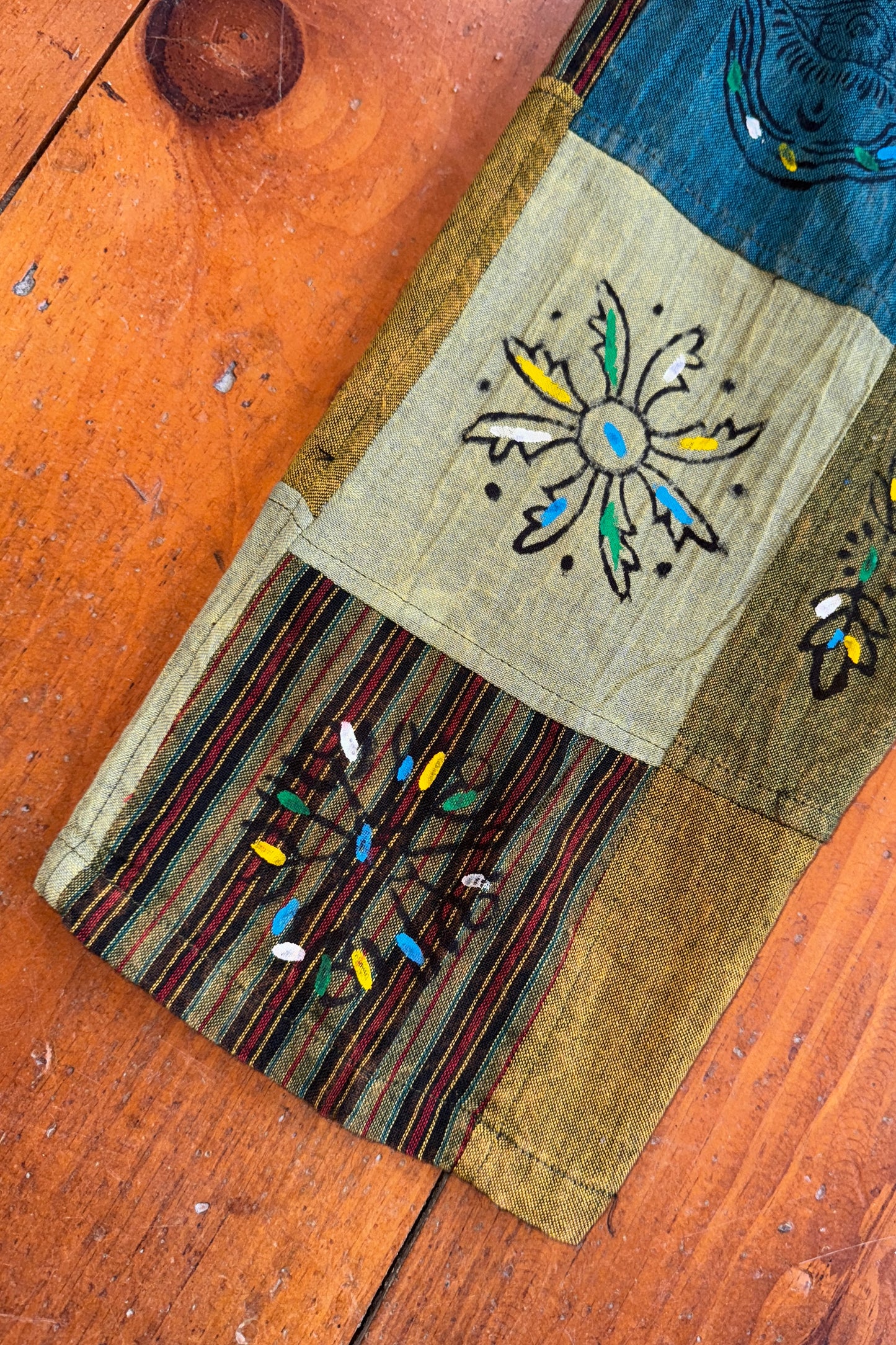 Sage Green & Teal Patchwork Trousers w/ Paint Detail