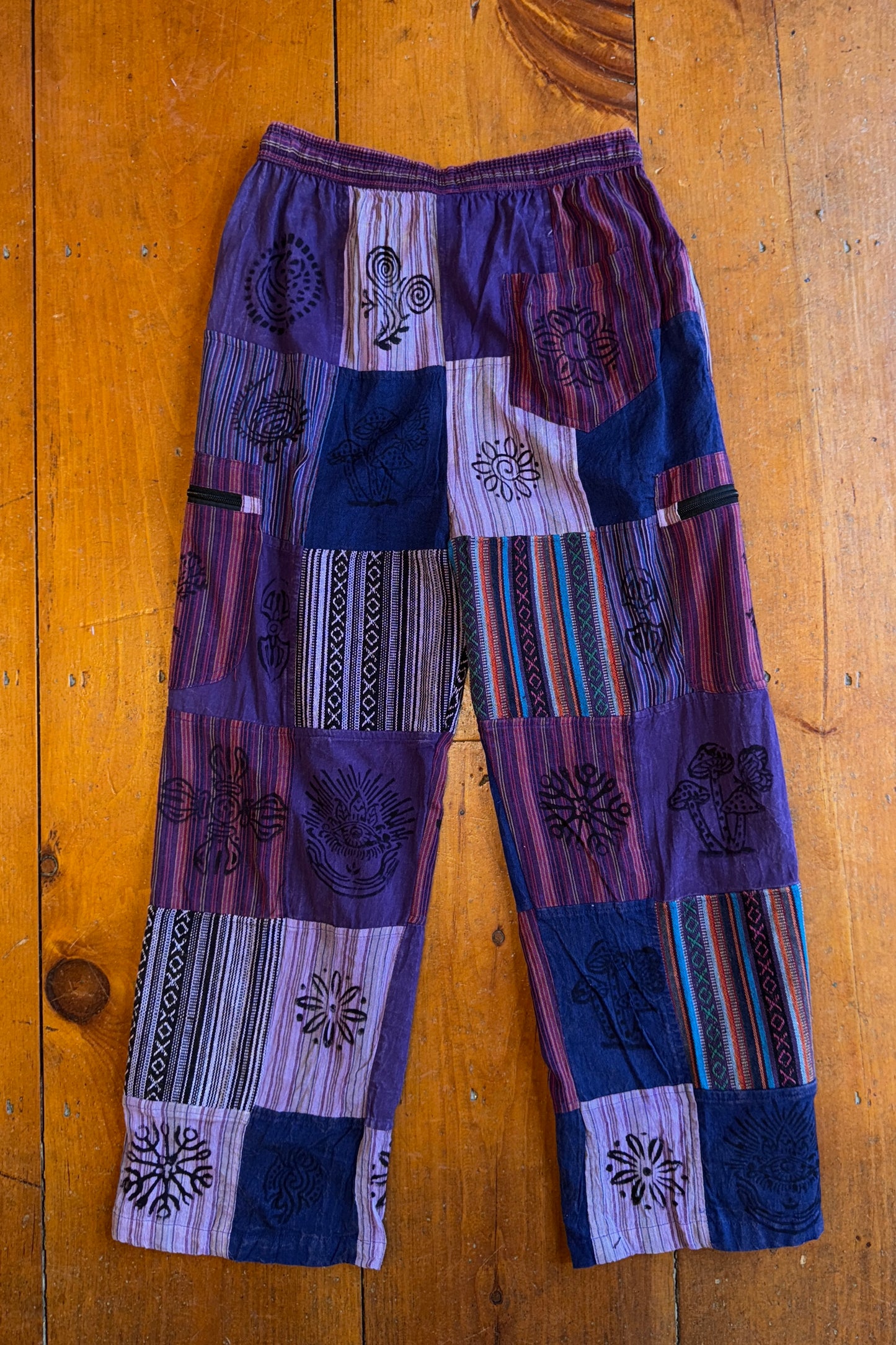 Purple Cargo Trousers w/ Block Print Design