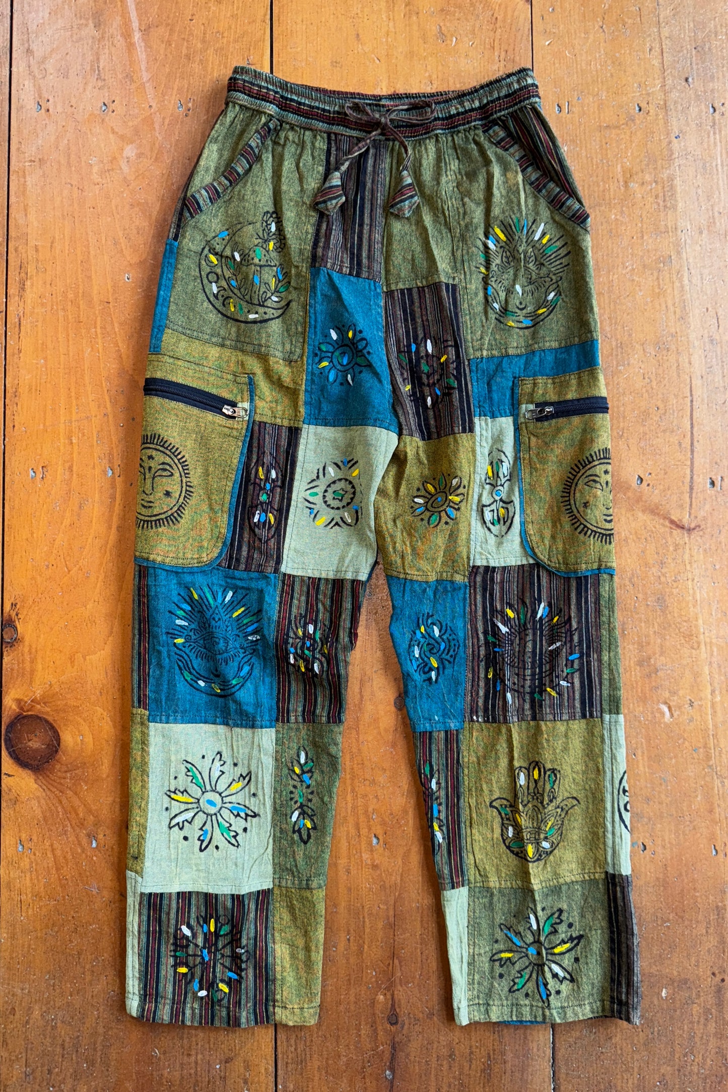 Sage Green & Teal Patchwork Trousers w/ Paint Detail