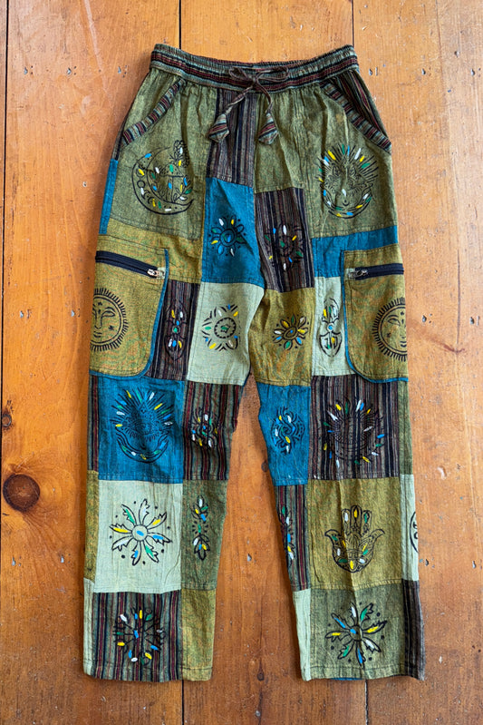 Sage Green & Teal Patchwork Trousers w/ Paint Detail