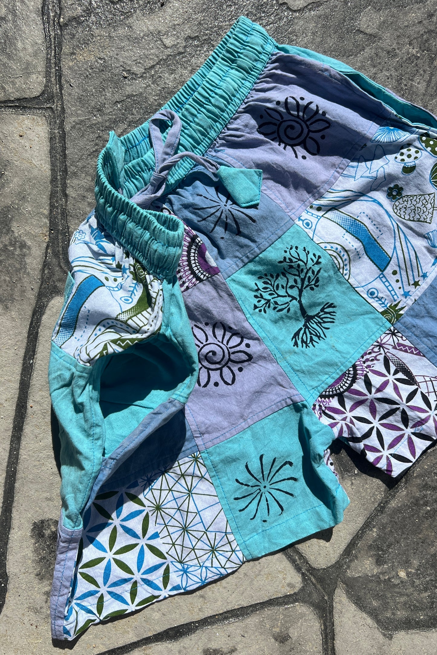Blue Patchwork Block Print Shorts
