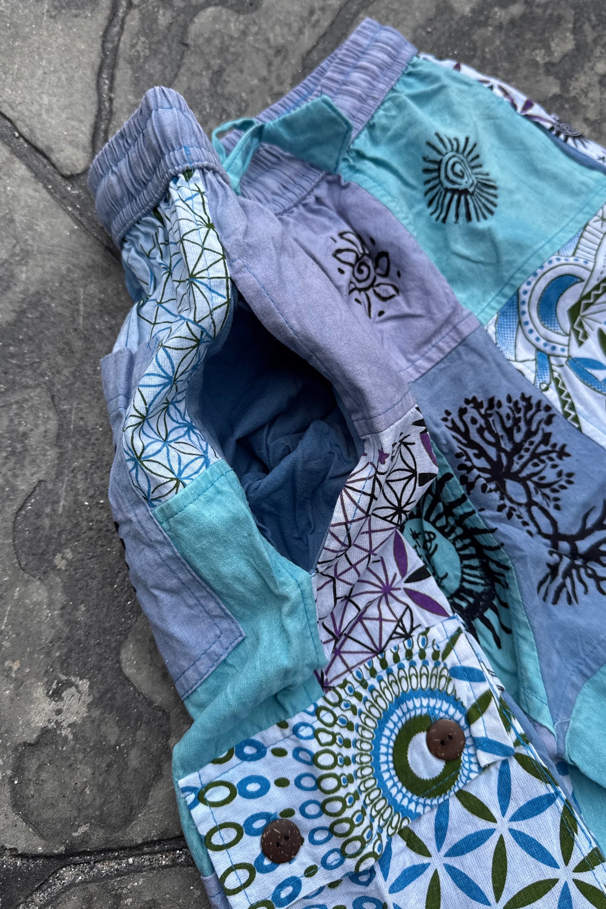 Blue Patchwork Joggers w/ Waist Tie