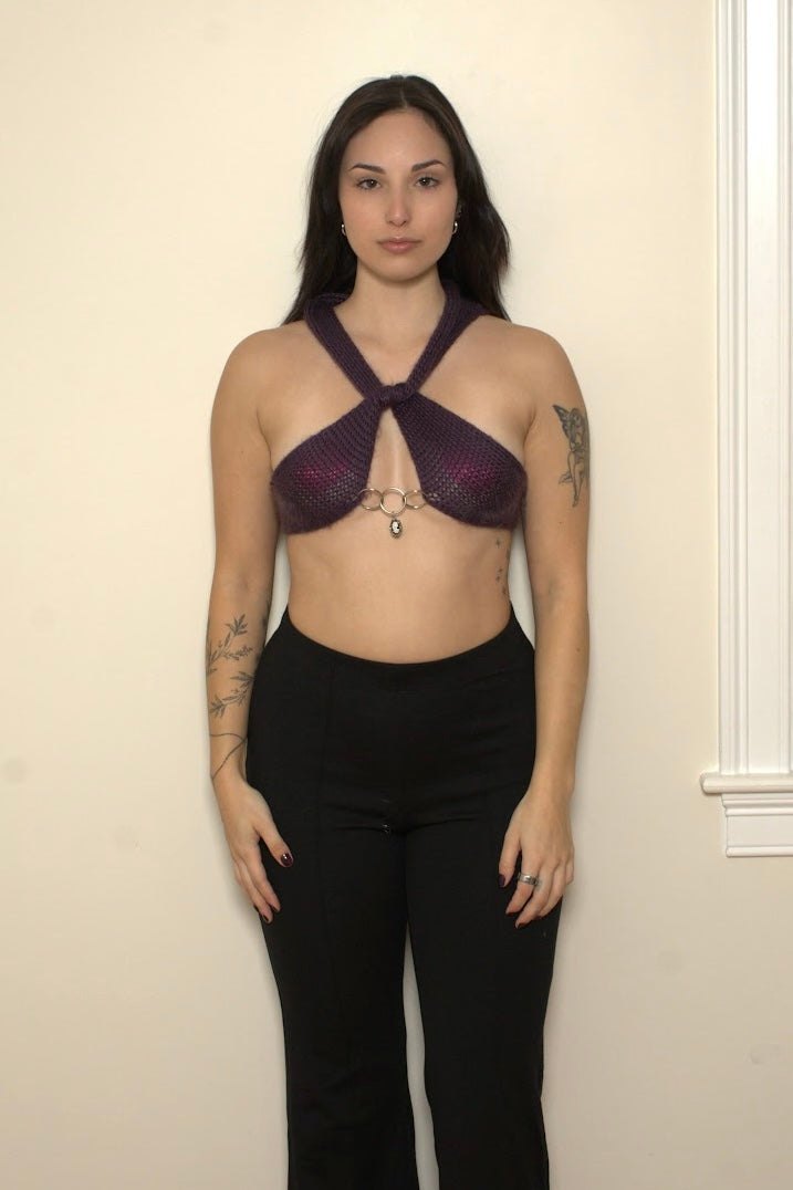 Knitted Criss-Cross Top w/ Chest Charm in Purple