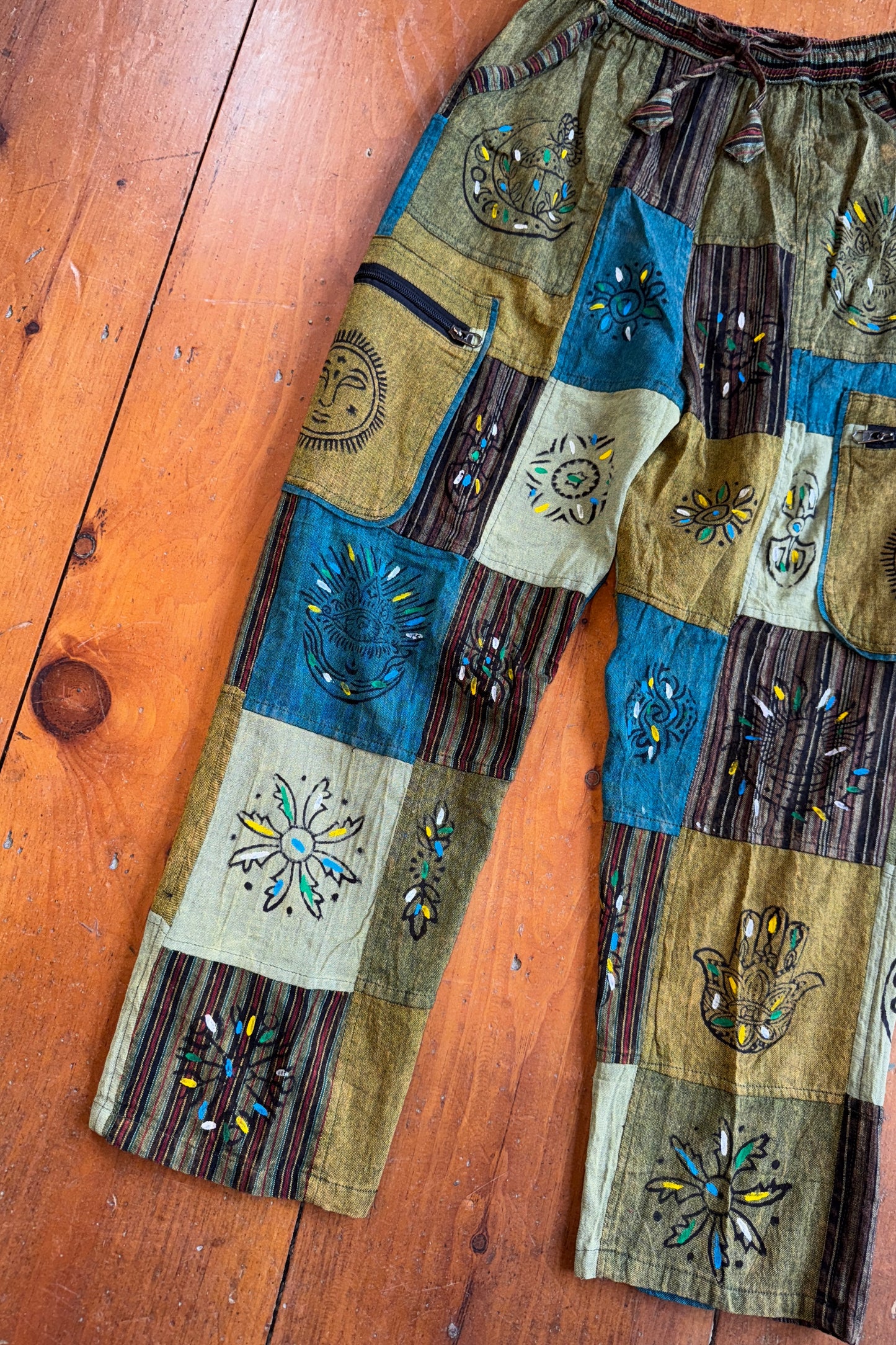 Sage Green & Teal Patchwork Trousers w/ Paint Detail