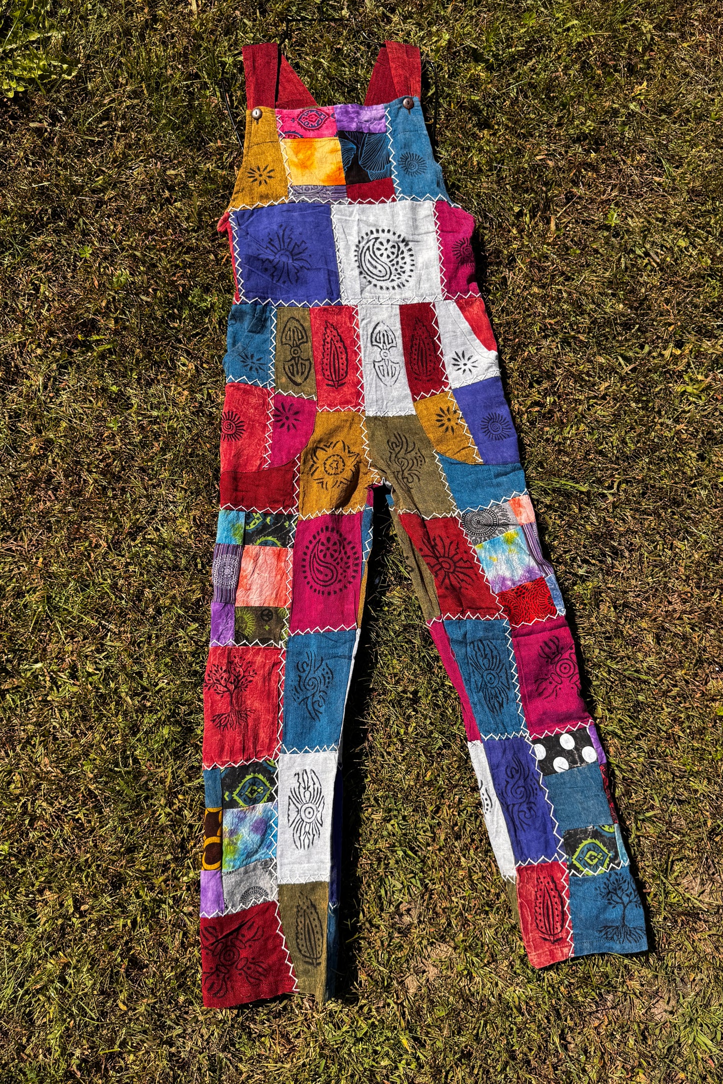 Boho Patchwork Overalls w/ White Stitching