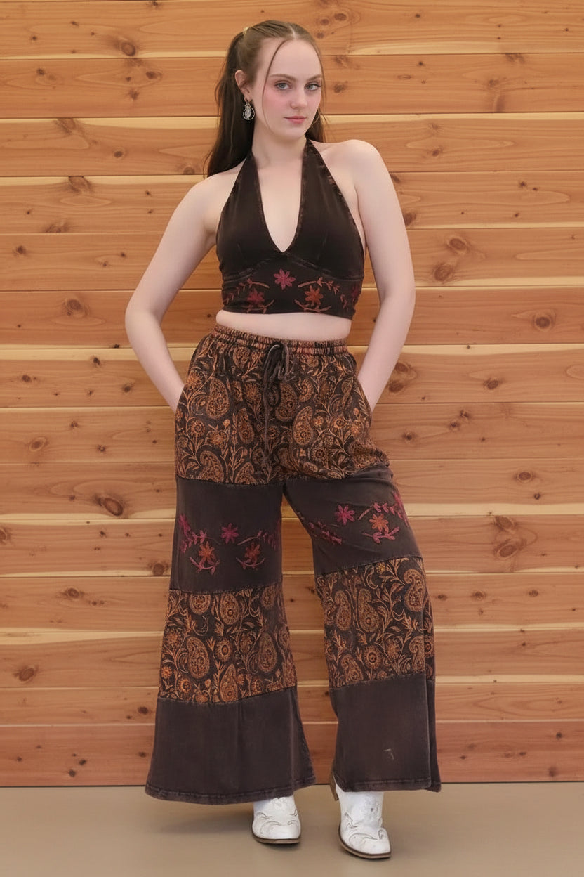 Paisley Embroidered Wide Leg Pants
