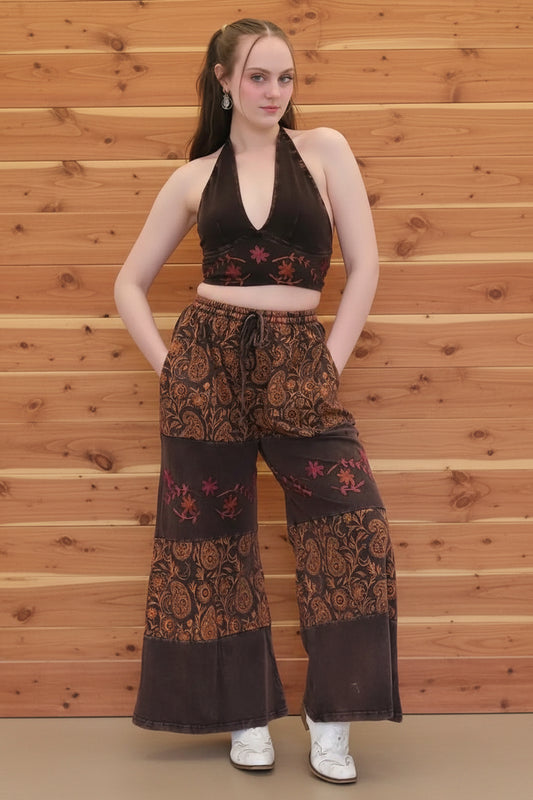 Paisley Embroidered Wide Leg Pants