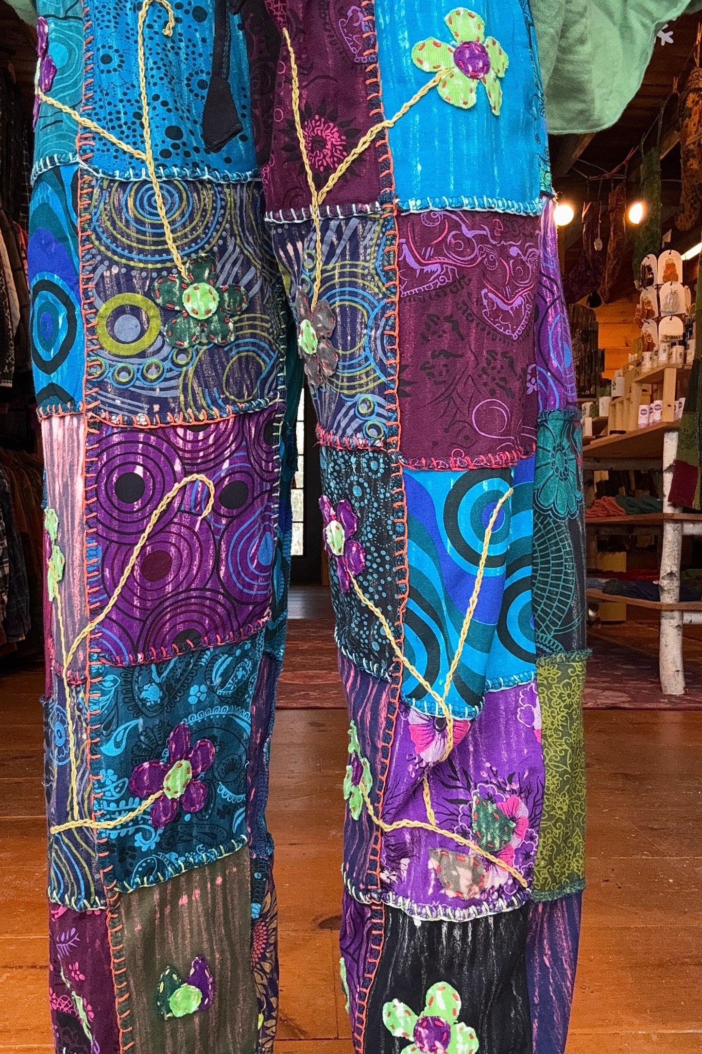 Flower Embroidered Patchwork Trousers