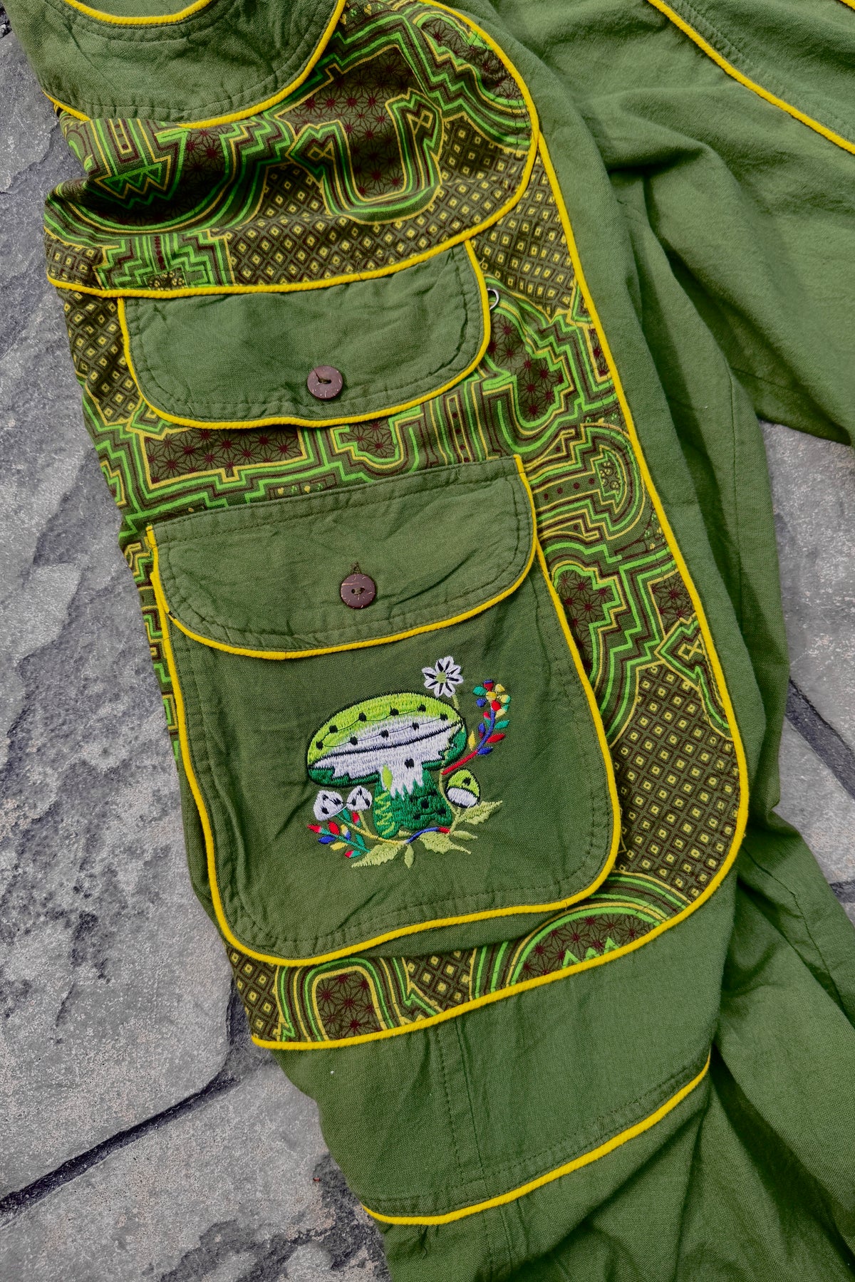 Embroidered Mushroom Baggy Pant in Green