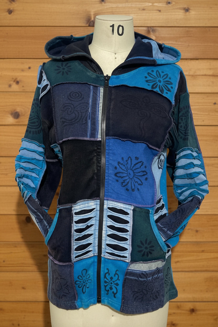 Cotton Razor Cut Detail Zip-Up Jacket in Blue