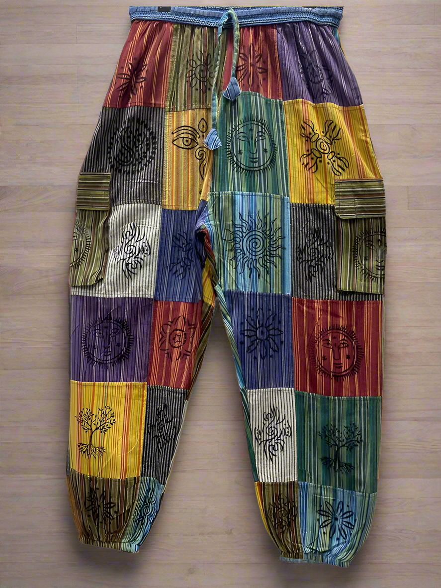 Multi-Color Patch Jogger w Cargo Pockets with Trees and Sun