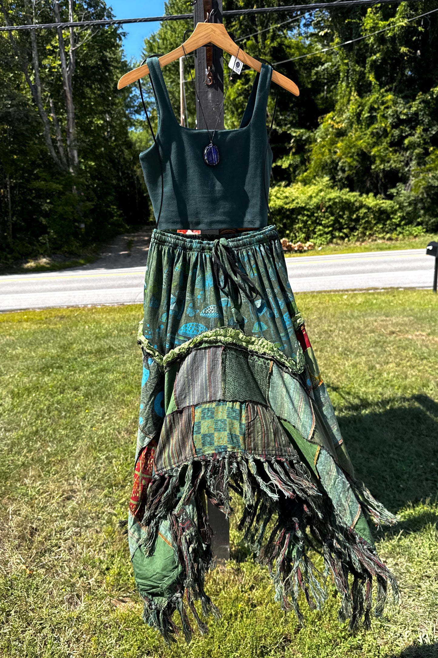 Jagged Edge Patchwork Skirt w/ Mushroom Print in Blue