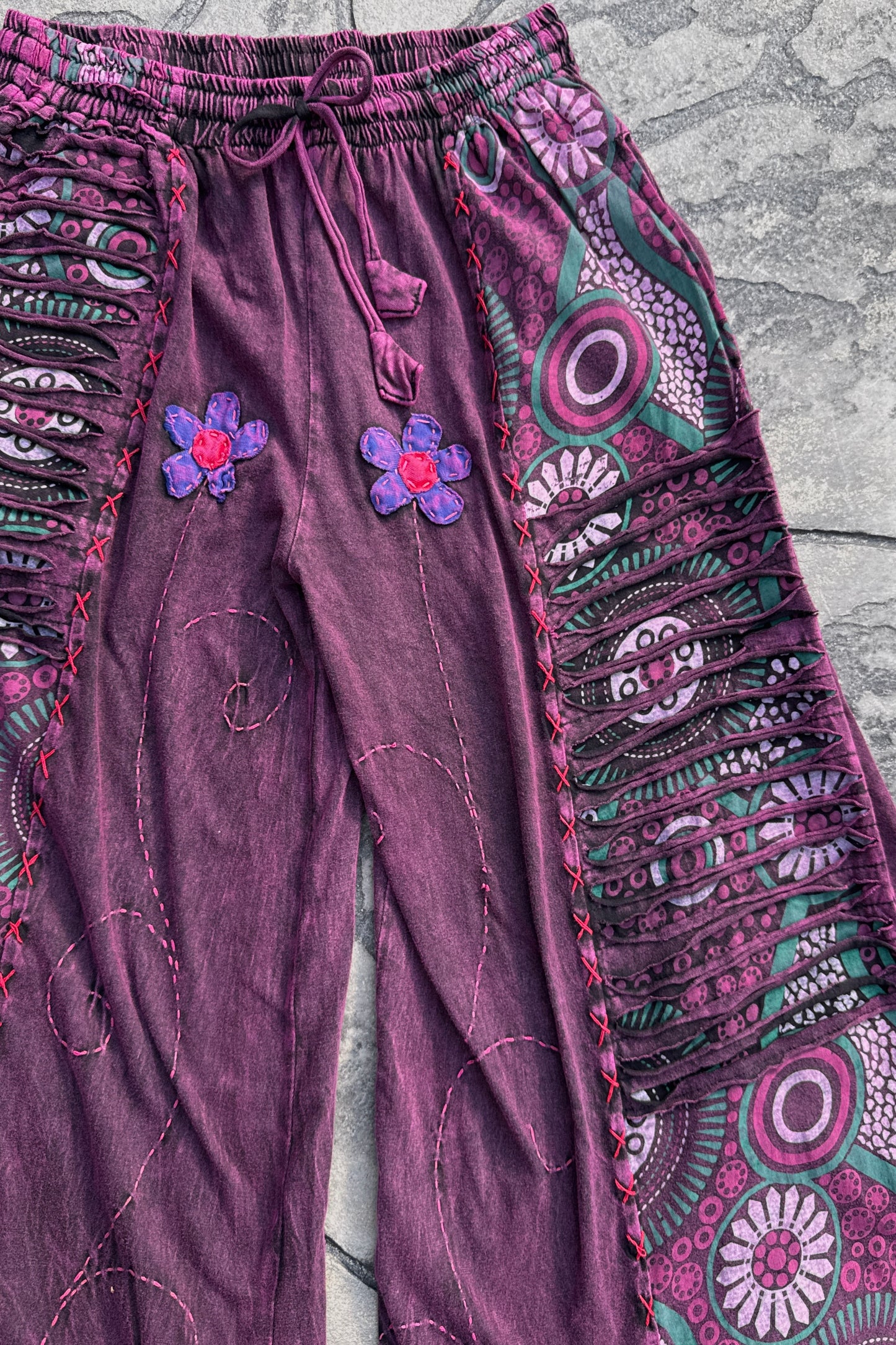 Ultra Wide Leg Floral Embroidered Pants in Purple