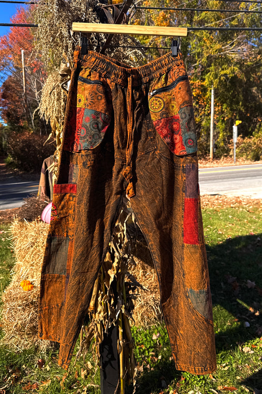 Straight Leg Cut Embroidered Mushroom Cargo Pocket Pants in Brown