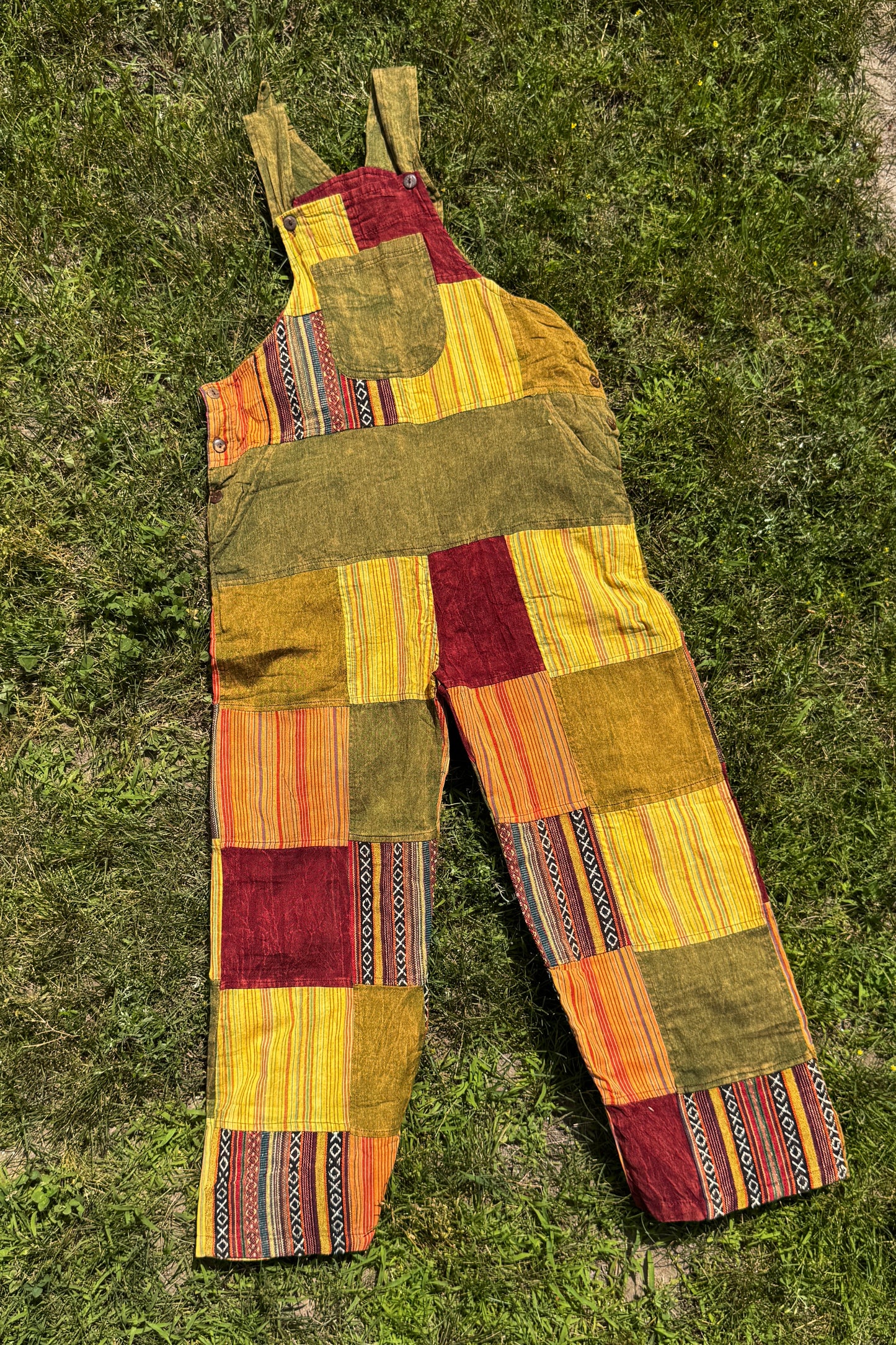Burgundy and Gold Patchwork Overalls