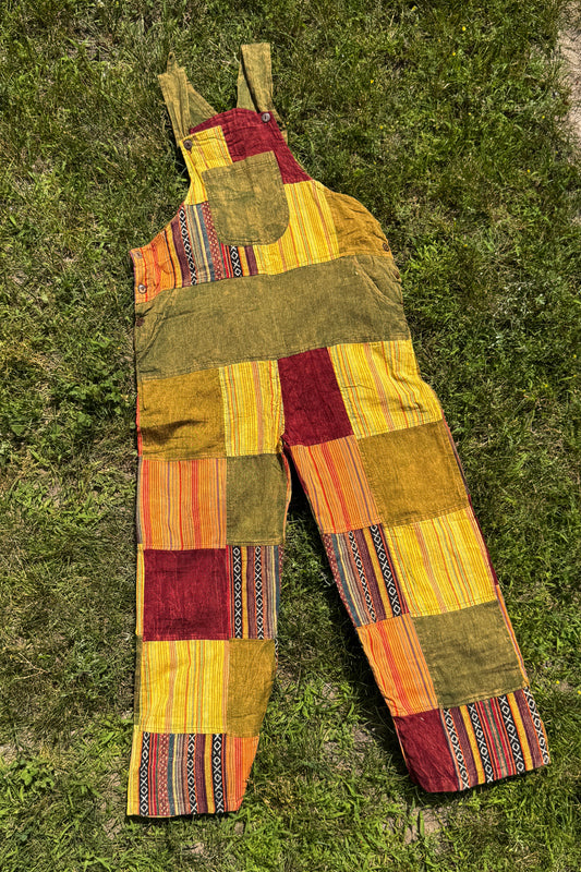 Burgundy and Gold Patchwork Overalls