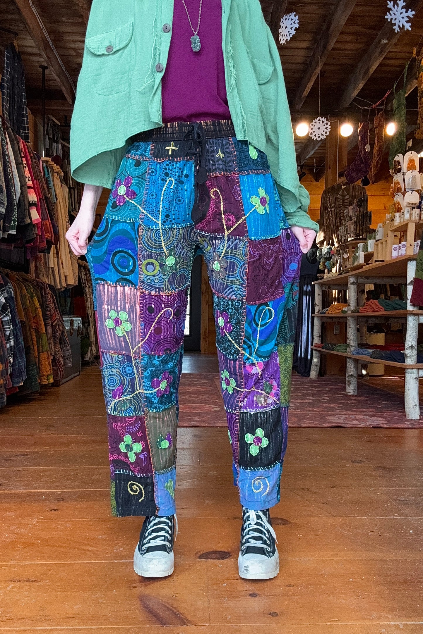 Flower Embroidered Patchwork Trousers