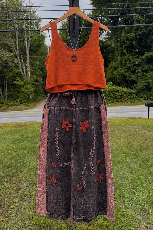 Brown and Orange Floral Embroidered Wide Leg Pants