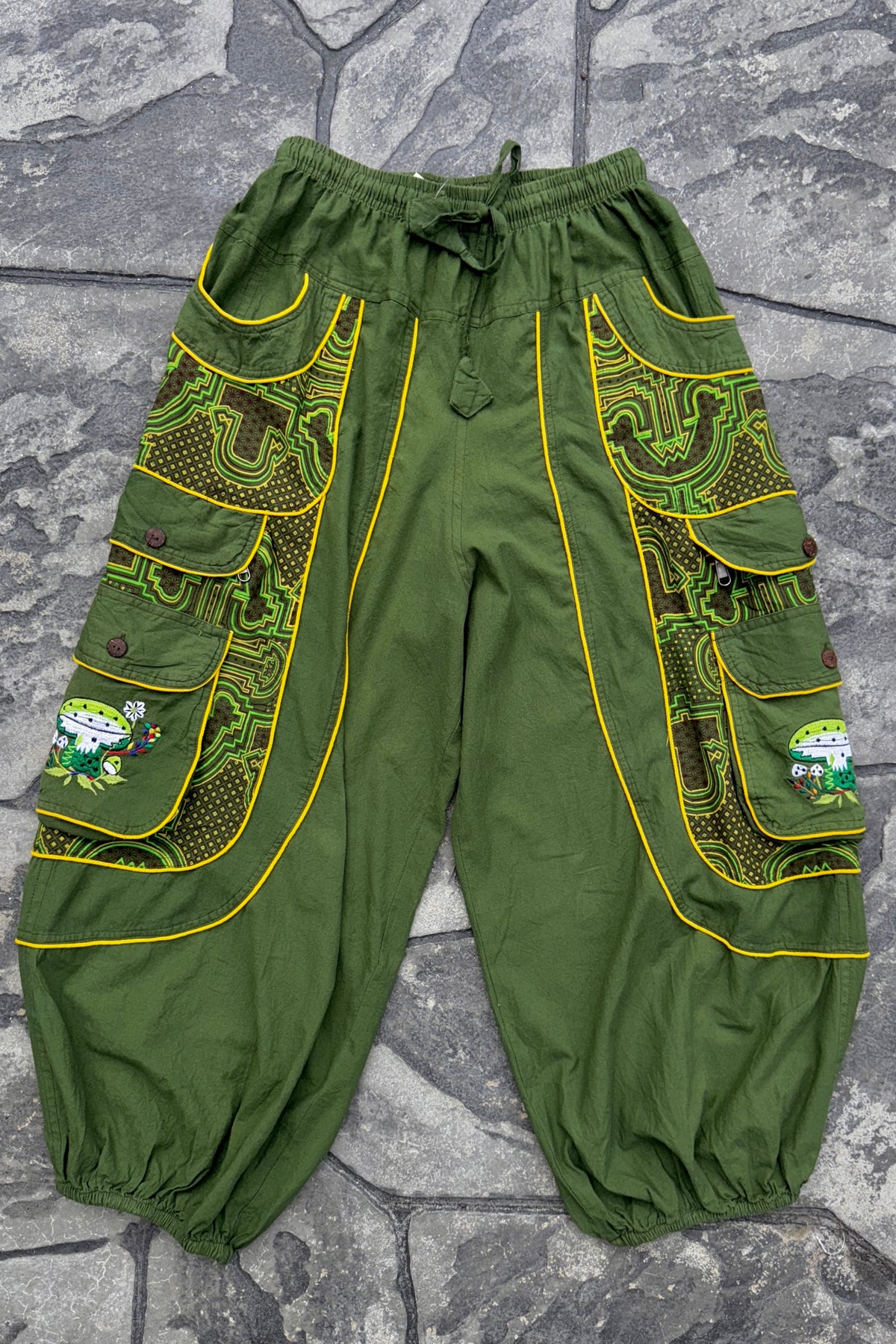 Embroidered Mushroom Baggy Pant in Green