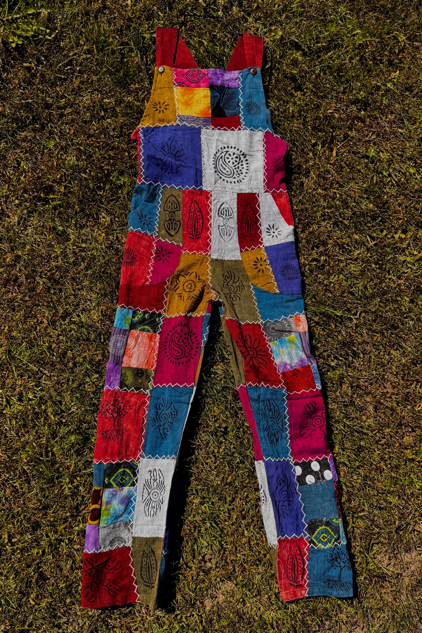 Boho Patchwork Overalls w/ White Stitching