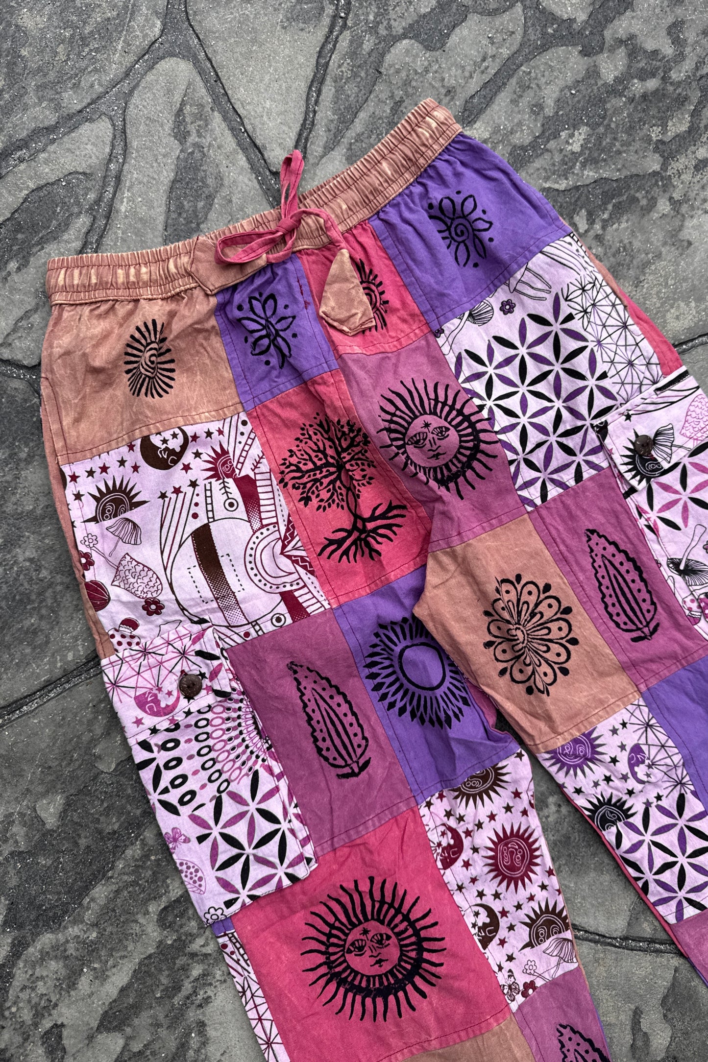 Multi-Purple & Pink Patch Joggers w/ Waist Tie