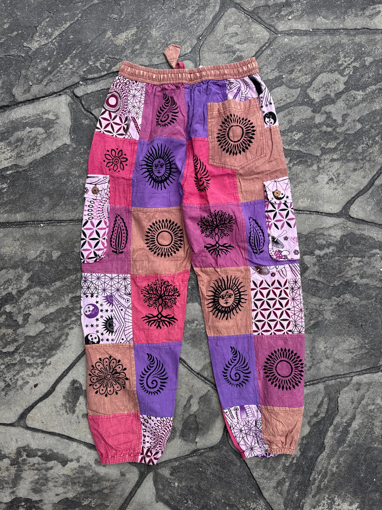 Multi-Purple & Pink Patch Joggers w/ Waist Tie