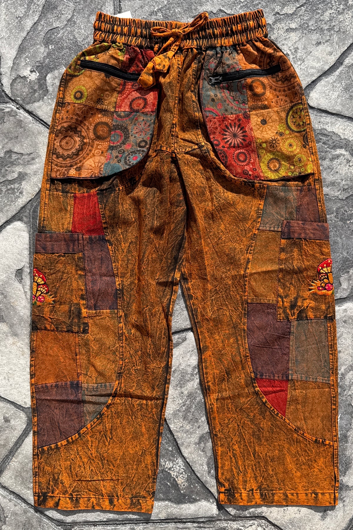 Straight Leg Cut Embroidered Mushroom Cargo Pocket Pants in Brown