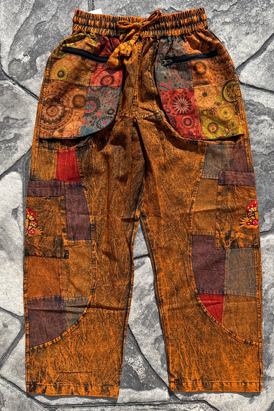 Straight Leg Cut Embroidered Mushroom Cargo Pocket Pants in Brown