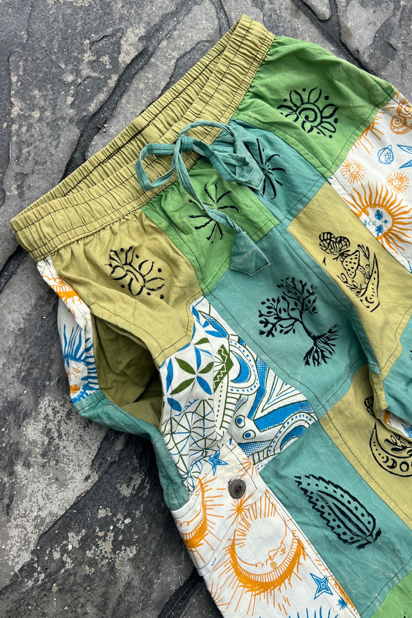 Multi Green Patchwork Block Print Pant