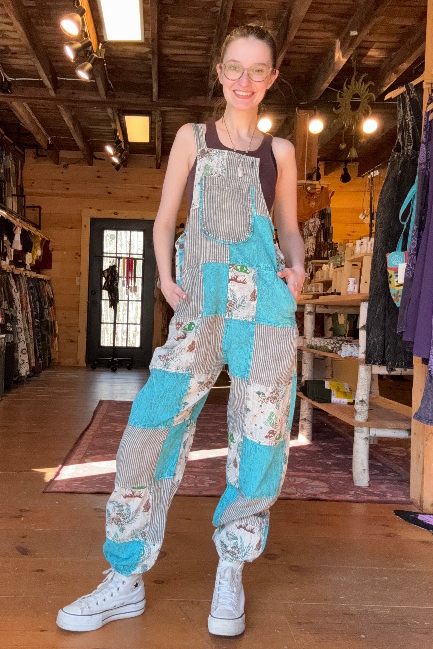 Blue and Stripe Patchwork Overalls w/ Mushrooms