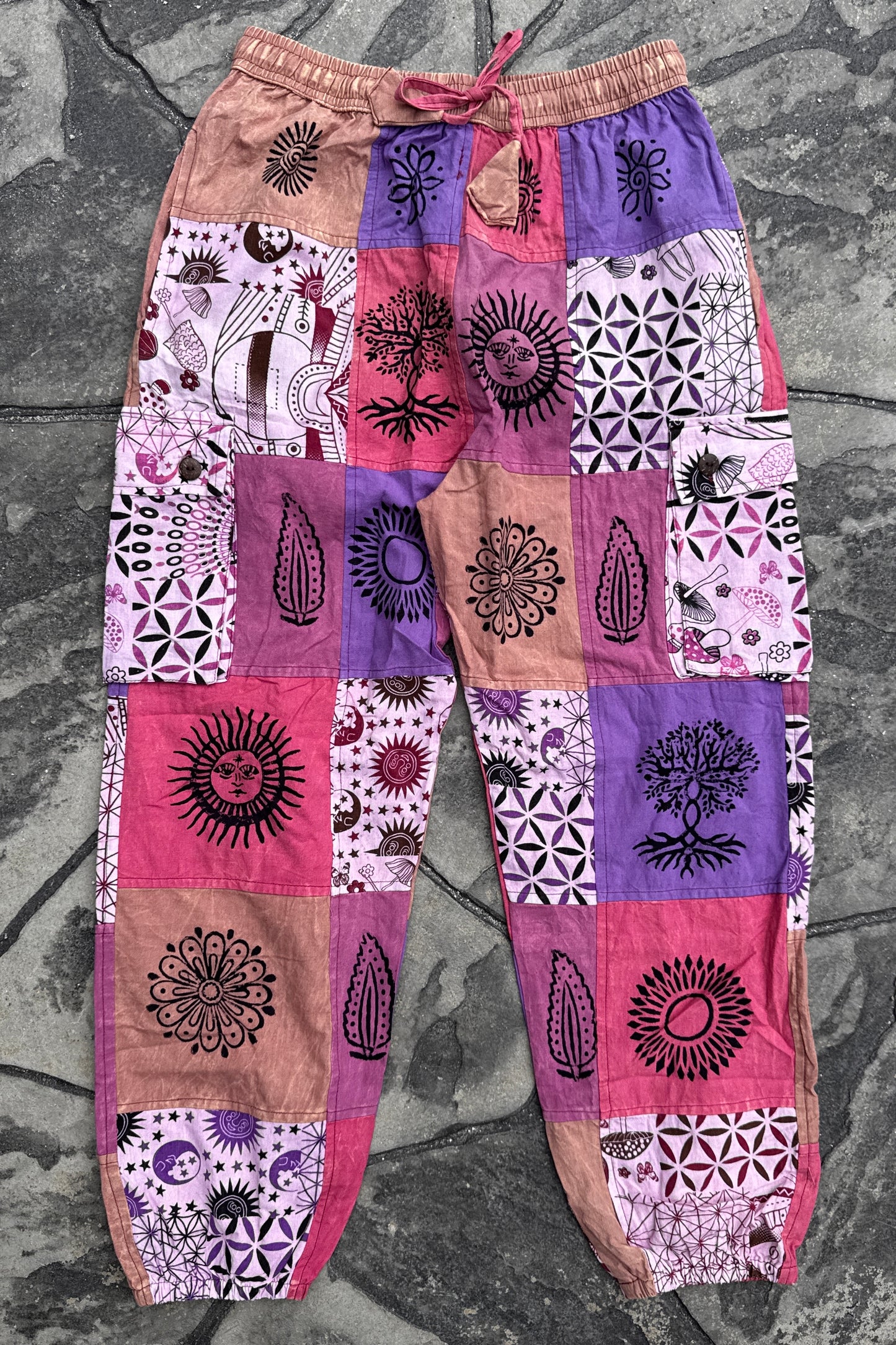 Multi-Purple & Pink Patch Joggers w/ Waist Tie